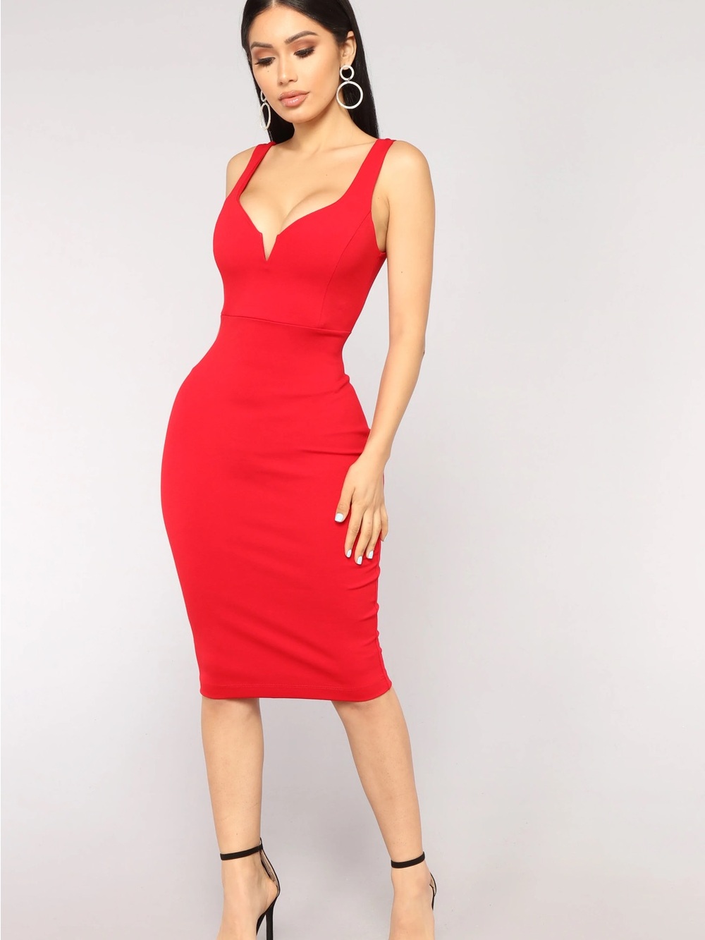 Fashion Nova Red V-Notch Midi Bodycon Dress